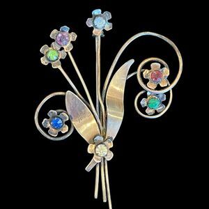 Vtg 1940’s Brooch Floral Bouquet Multicolored Rhinestones Retro Marked Sterling